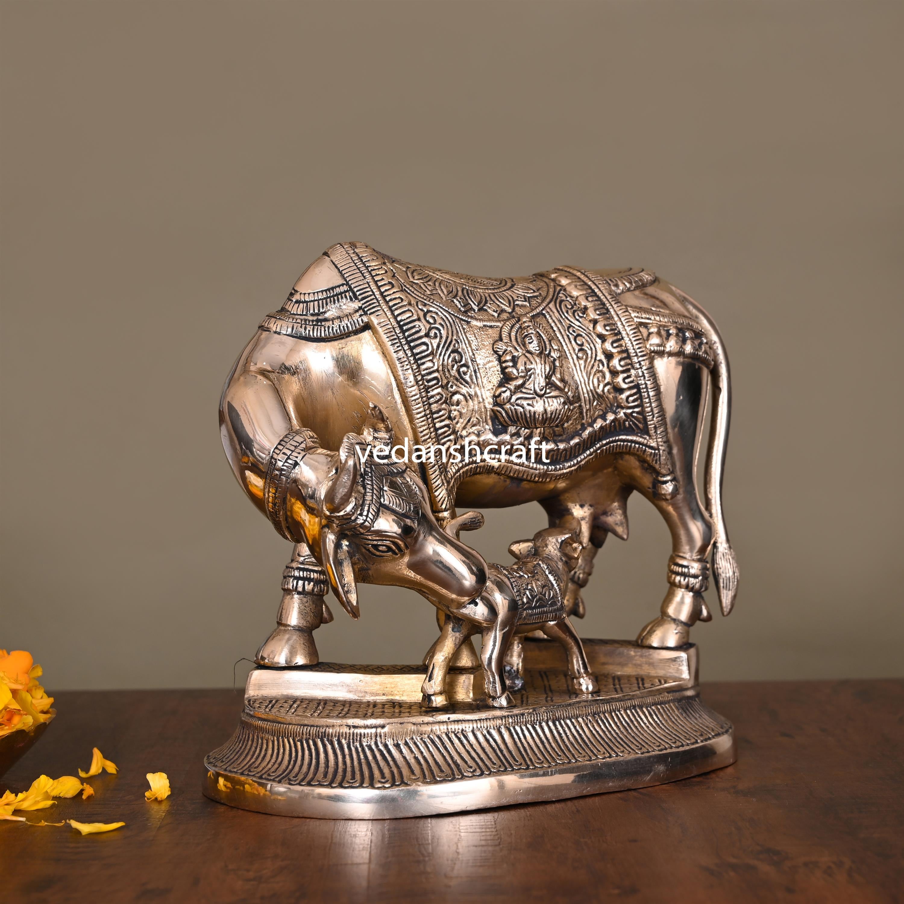 Brass Kamdhenu Cow With Calf Idol (7.2 Inch) Vedansh Craft