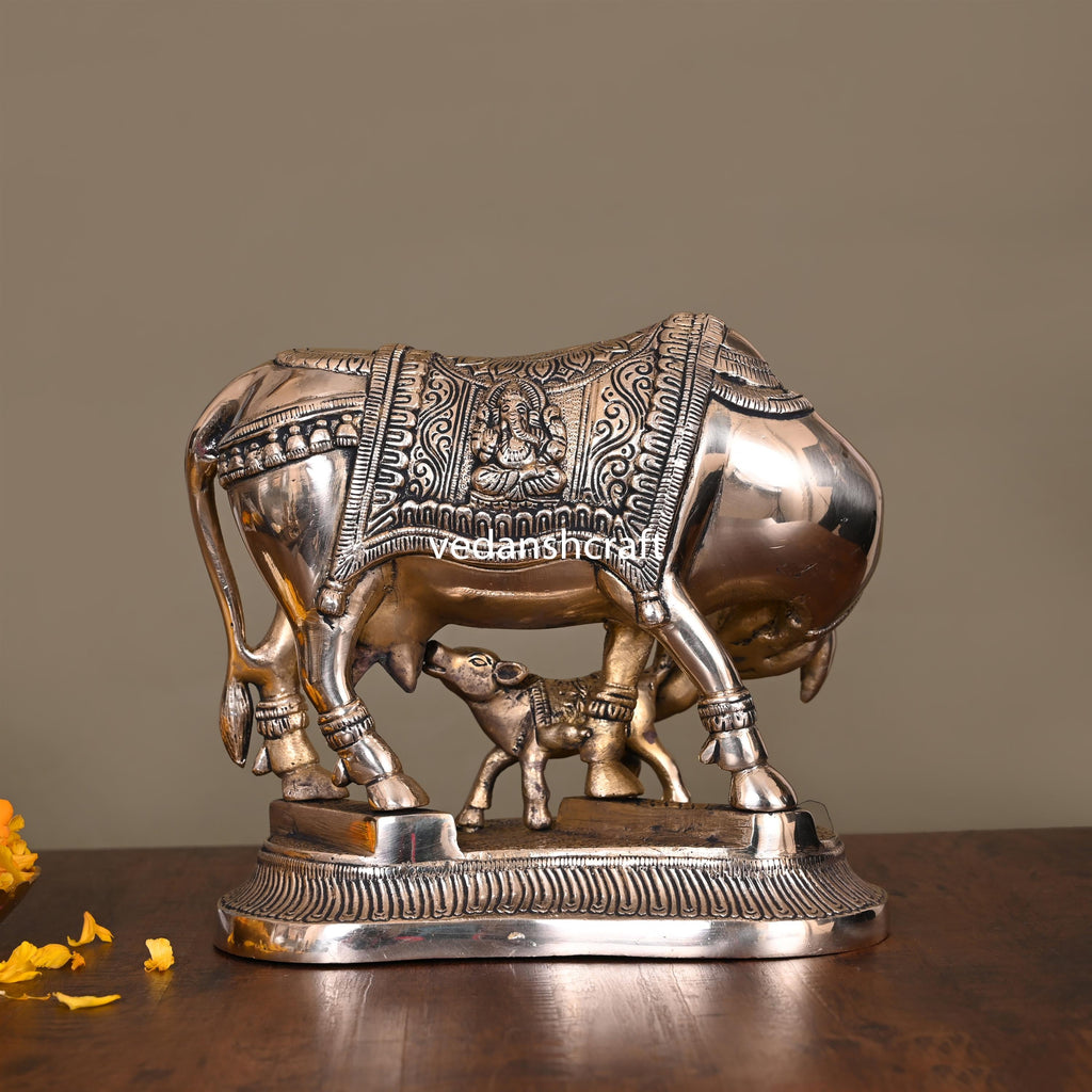 Brass Kamdhenu Cow With Calf Idol (7.2 Inch) Vedansh Craft