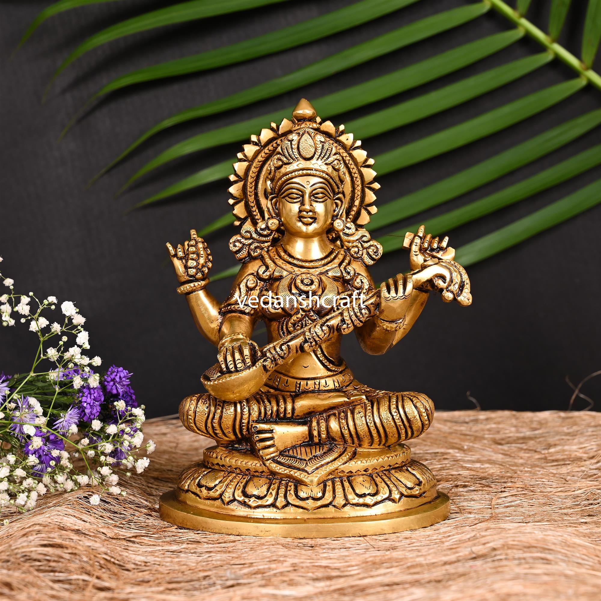 Brass Superfine Goddess Sitting Saraswati Idol (7.5 Inch) Vedansh Craft