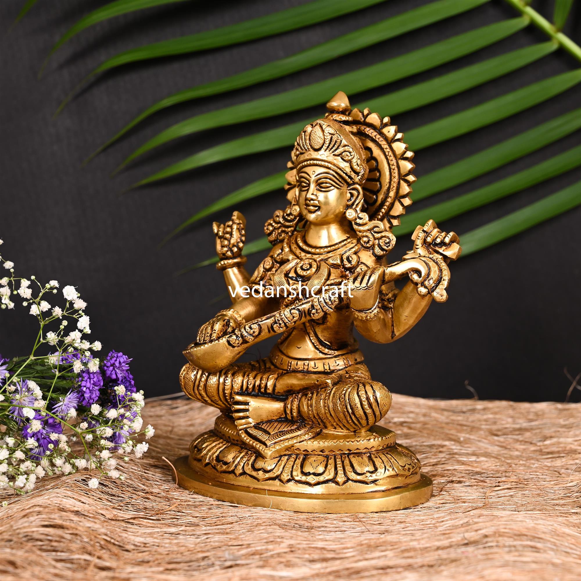 Brass Superfine Goddess Sitting Saraswati Idol (7.5 Inch) Vedansh Craft
