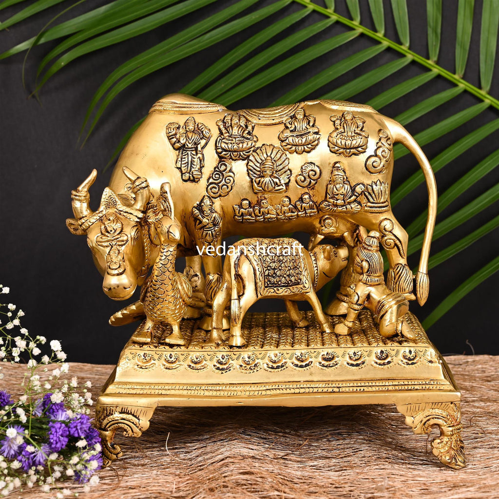 Brass Kamdhenu Cow With Calf & Laddu Gopal Idol (12.5 Inch) Vedansh Craft