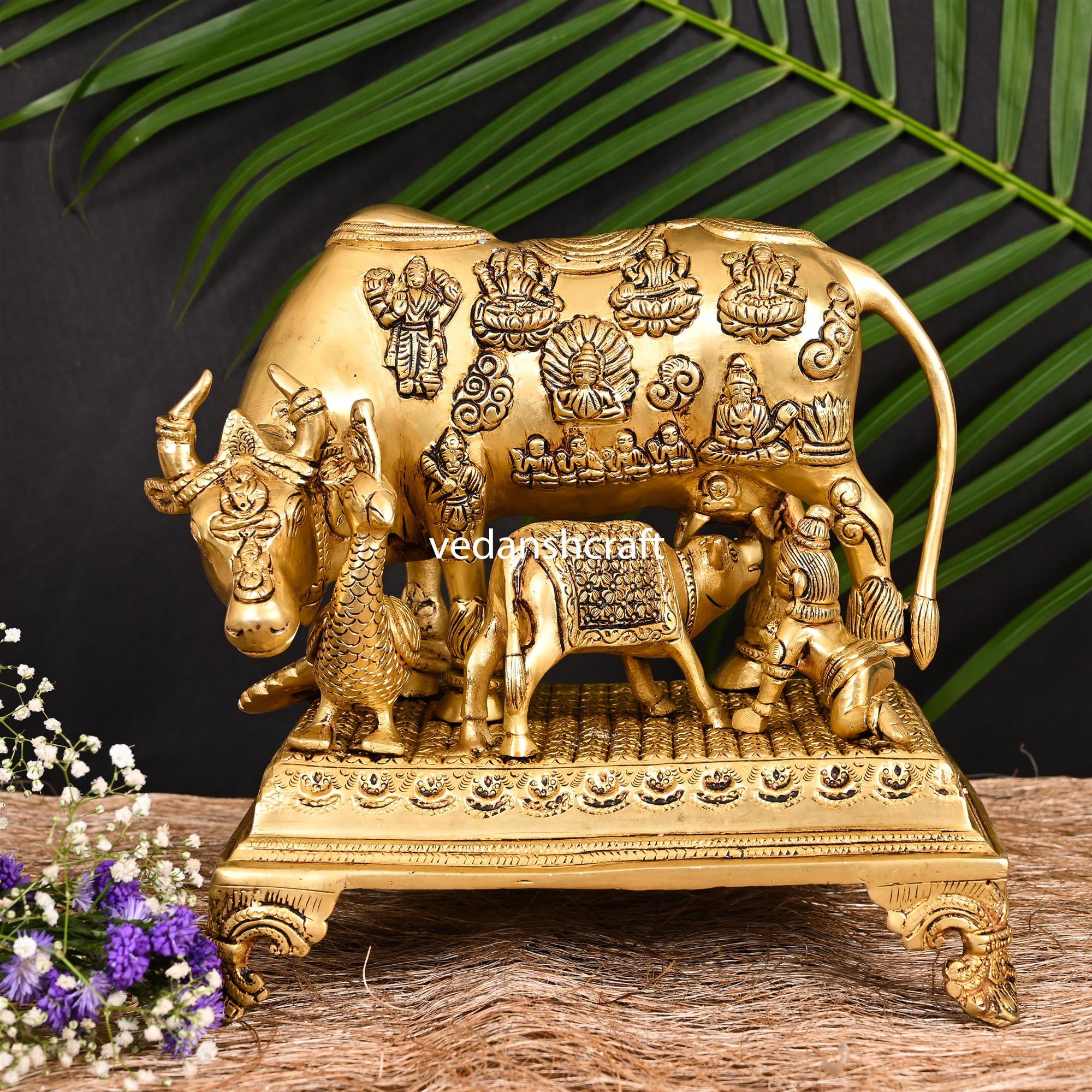 Brass Kamdhenu Cow With Calf & Laddu Gopal Idol (12.5 Inch) Vedansh Craft