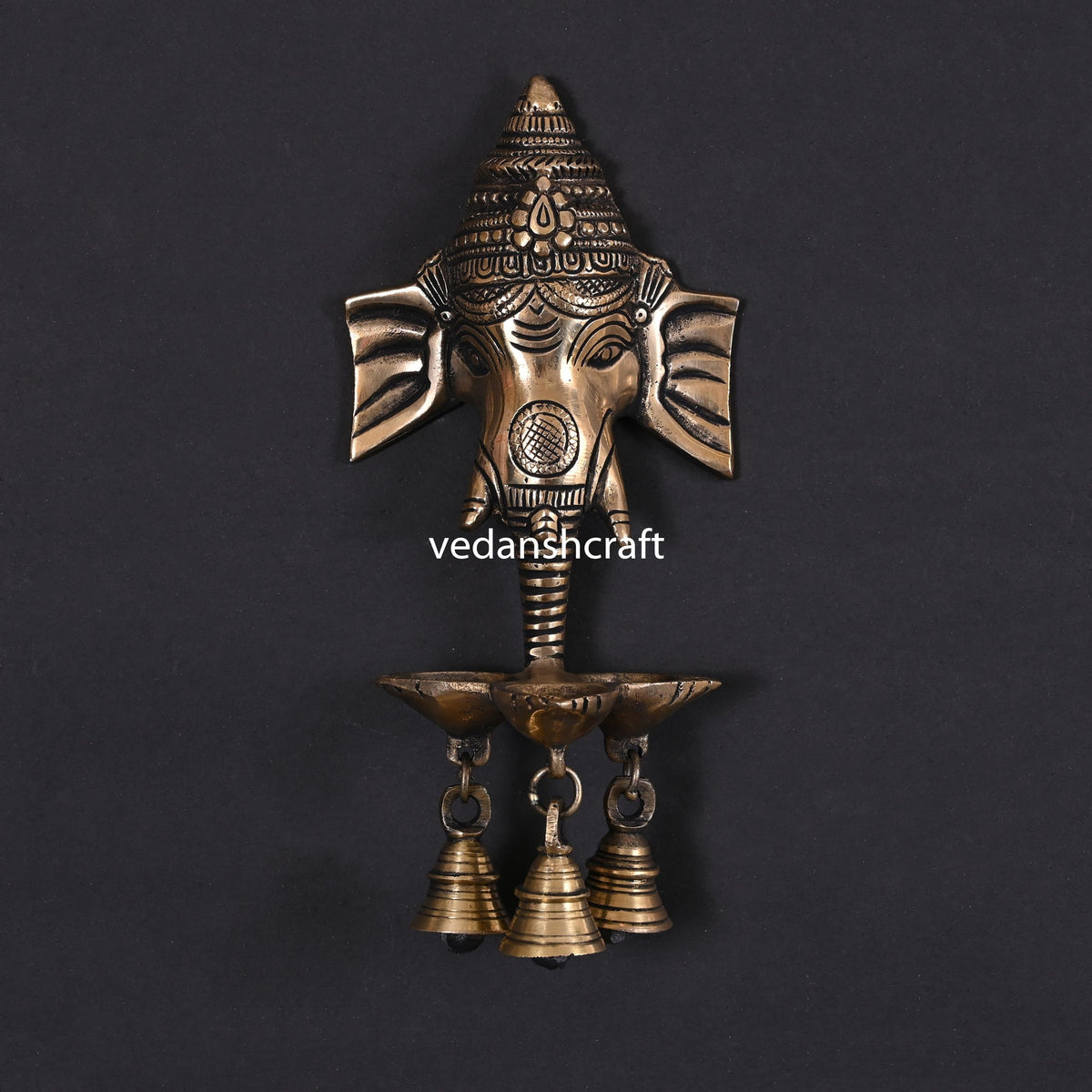 Brass Ganesha With Diya & Bell Wall Hanging (9 Inch) Vedansh Craft