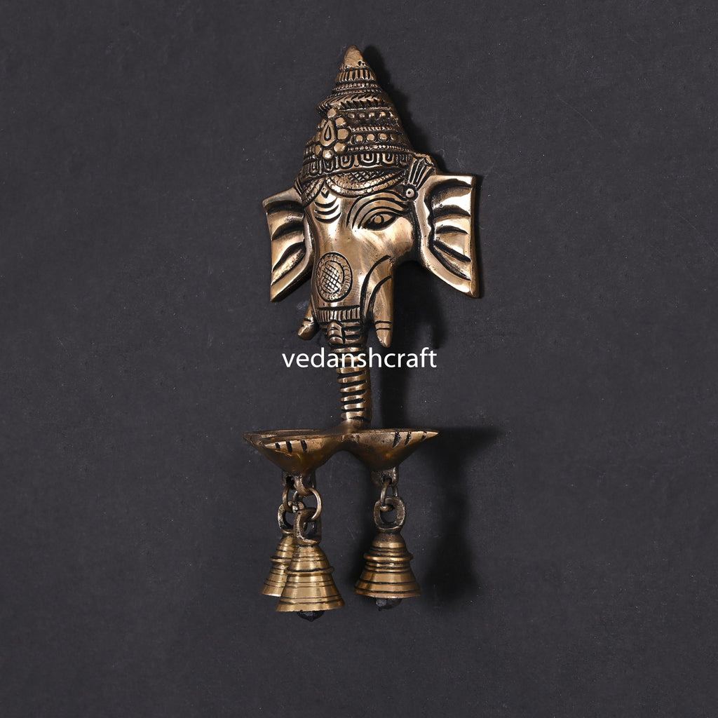 Brass Ganesha With Diya & Bell Wall Hanging (9 Inch) Vedansh Craft