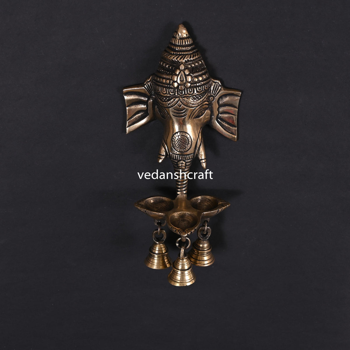 Brass Ganesha With Diya & Bell Wall Hanging (9 Inch) Vedansh Craft