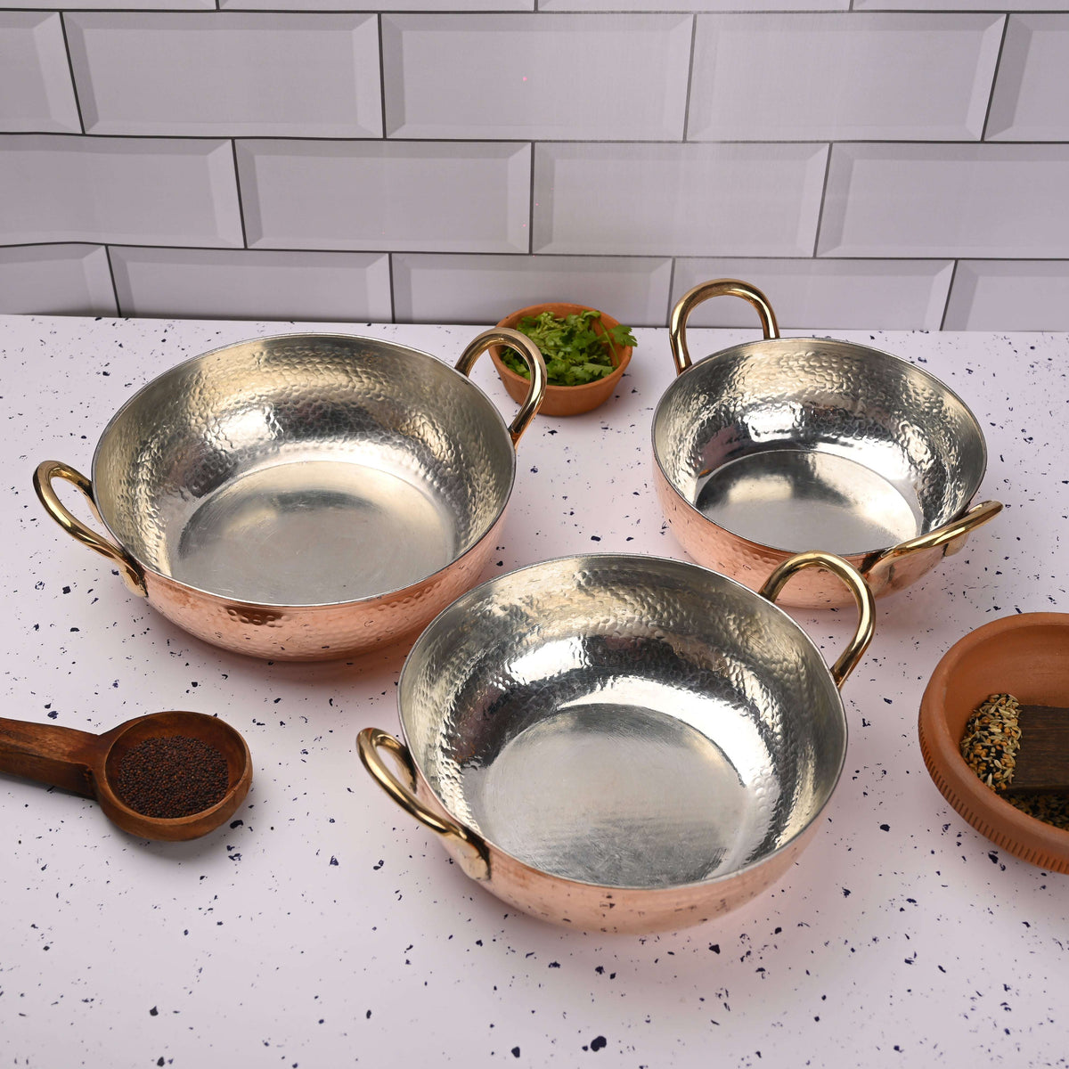 Copper Handcrafted Kadhai Set of Three – Premium Brassware (11 Inch) Vedansh Craft