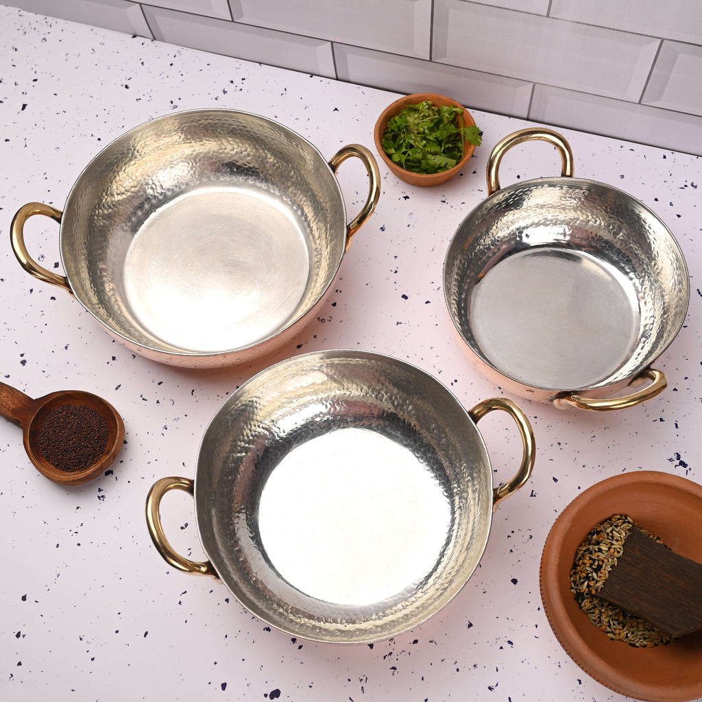 Copper Handcrafted Kadhai Set of Three – Premium Brassware (11 Inch) Vedansh Craft