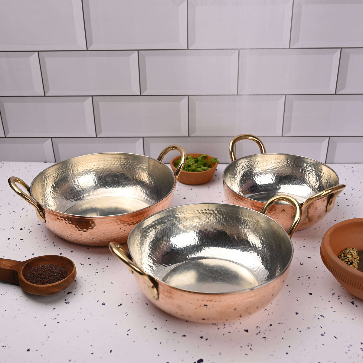 Copper Handcrafted Kadhai Set of Three – Premium Brassware (11 Inch) Vedansh Craft