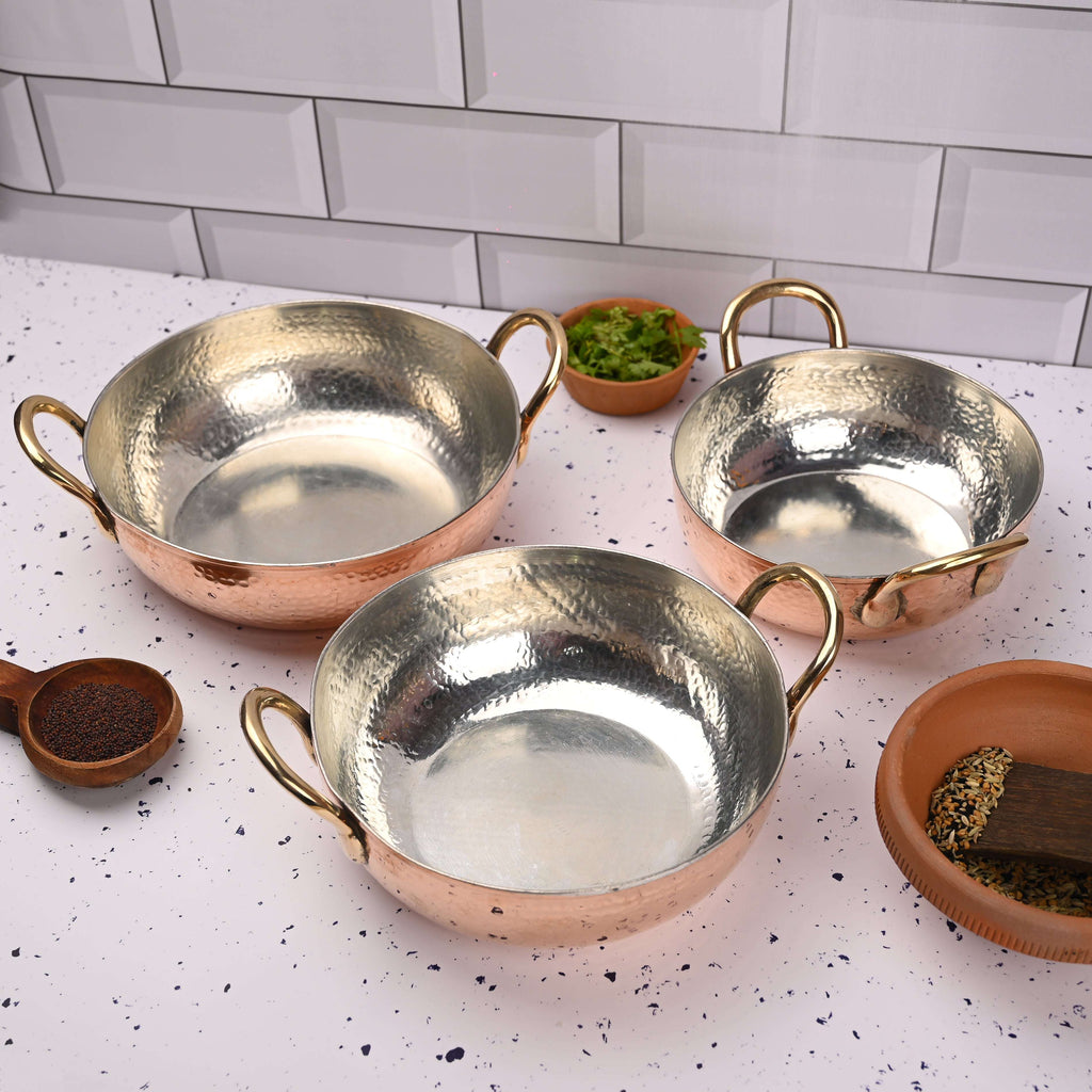Copper Handcrafted Kadhai Set of Three – Premium Brassware (11 Inch) Vedansh Craft