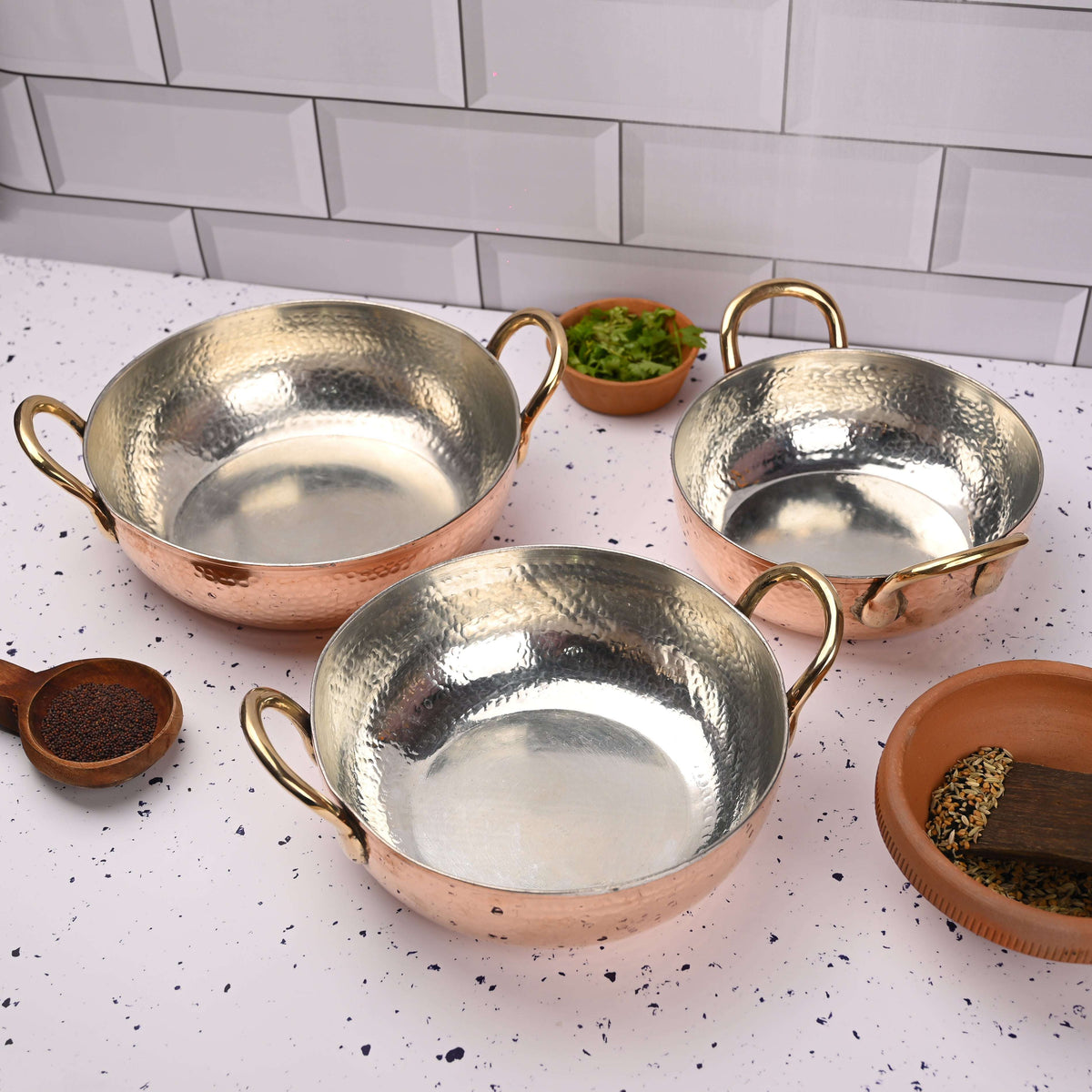 Copper Handcrafted Kadhai Set of Three – Premium Brassware (11 Inch) Vedansh Craft