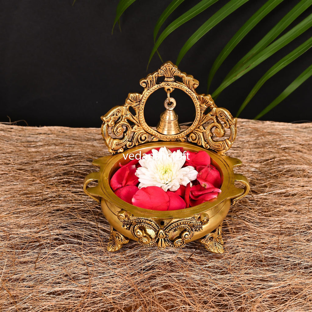 Brass Hand-Carved Urli With Bell (7 Inch) Vedansh Craft
