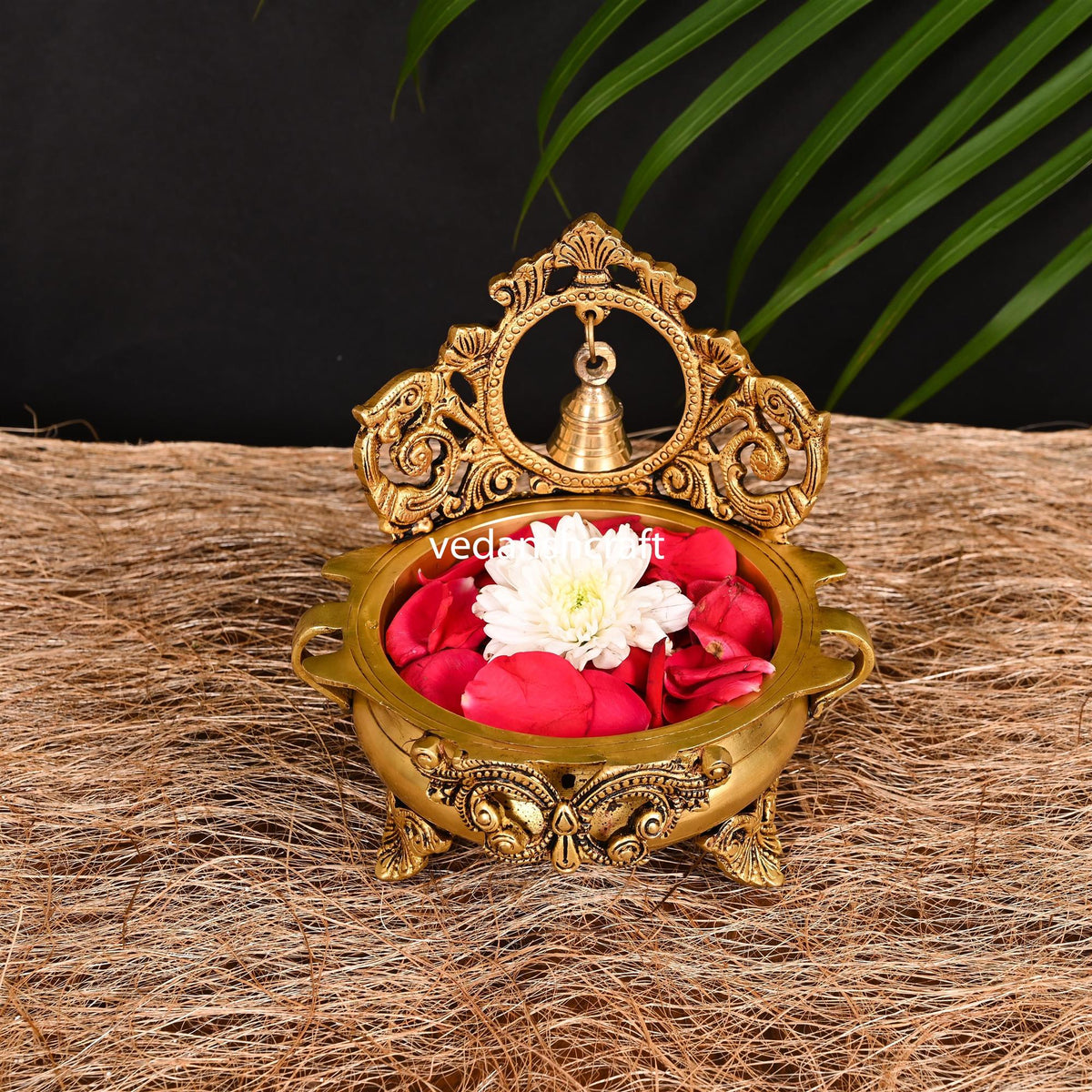 Brass Hand-Carved Urli With Bell (7 Inch) Vedansh Craft