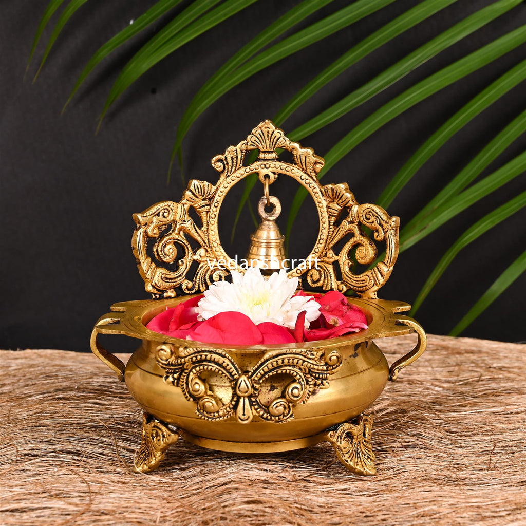 Brass Hand-Carved Urli With Bell (7 Inch) Vedansh Craft