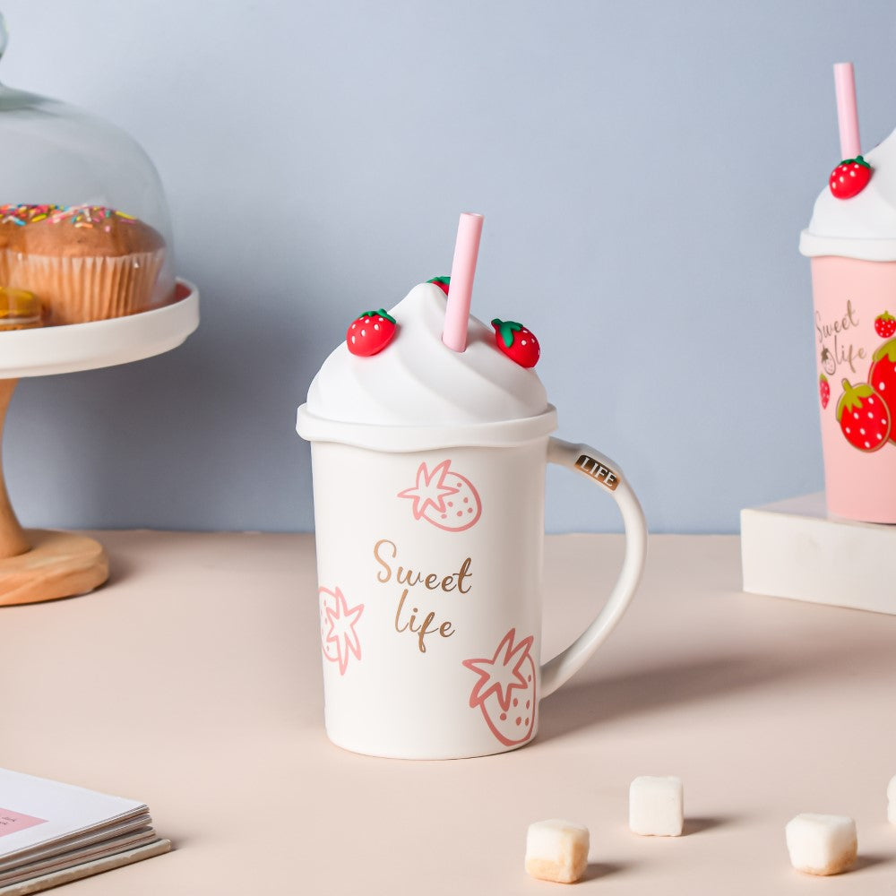 Strawberry Coffee Mug With Lid And Straw 380 ml Nestasia