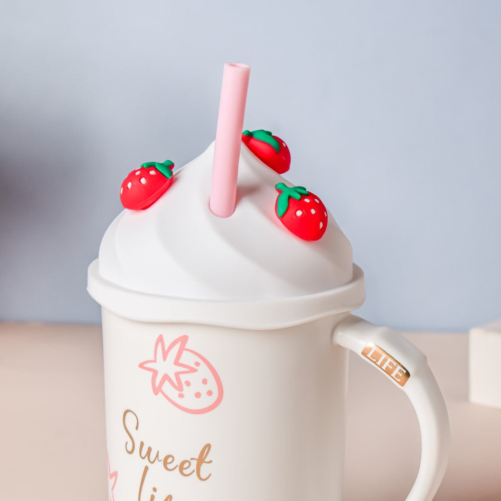 Strawberry Coffee Mug With Lid And Straw 380 ml Nestasia