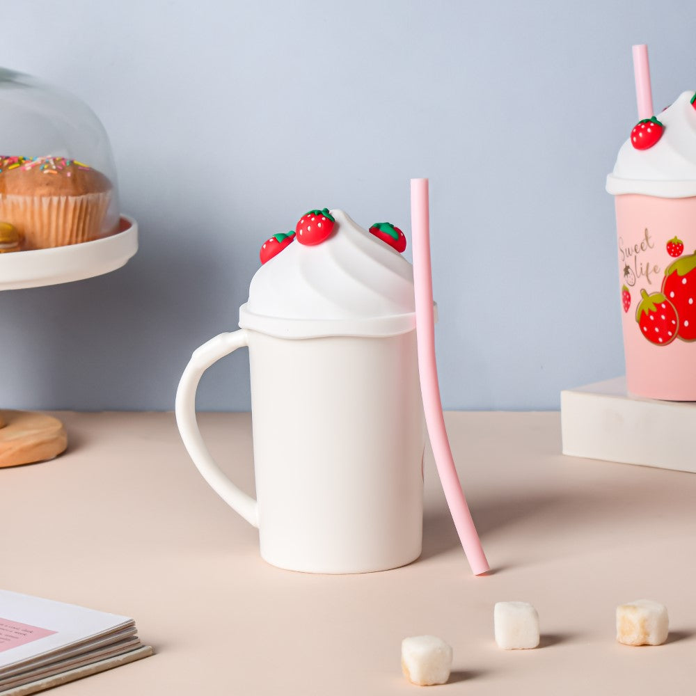 Strawberry Coffee Mug With Lid And Straw 380 ml Nestasia