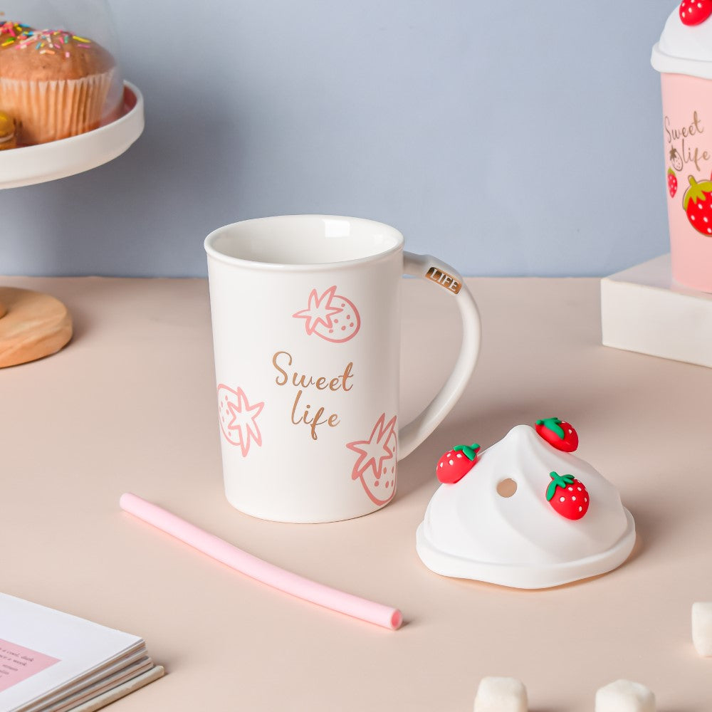 Strawberry Coffee Mug With Lid And Straw 380 ml Nestasia