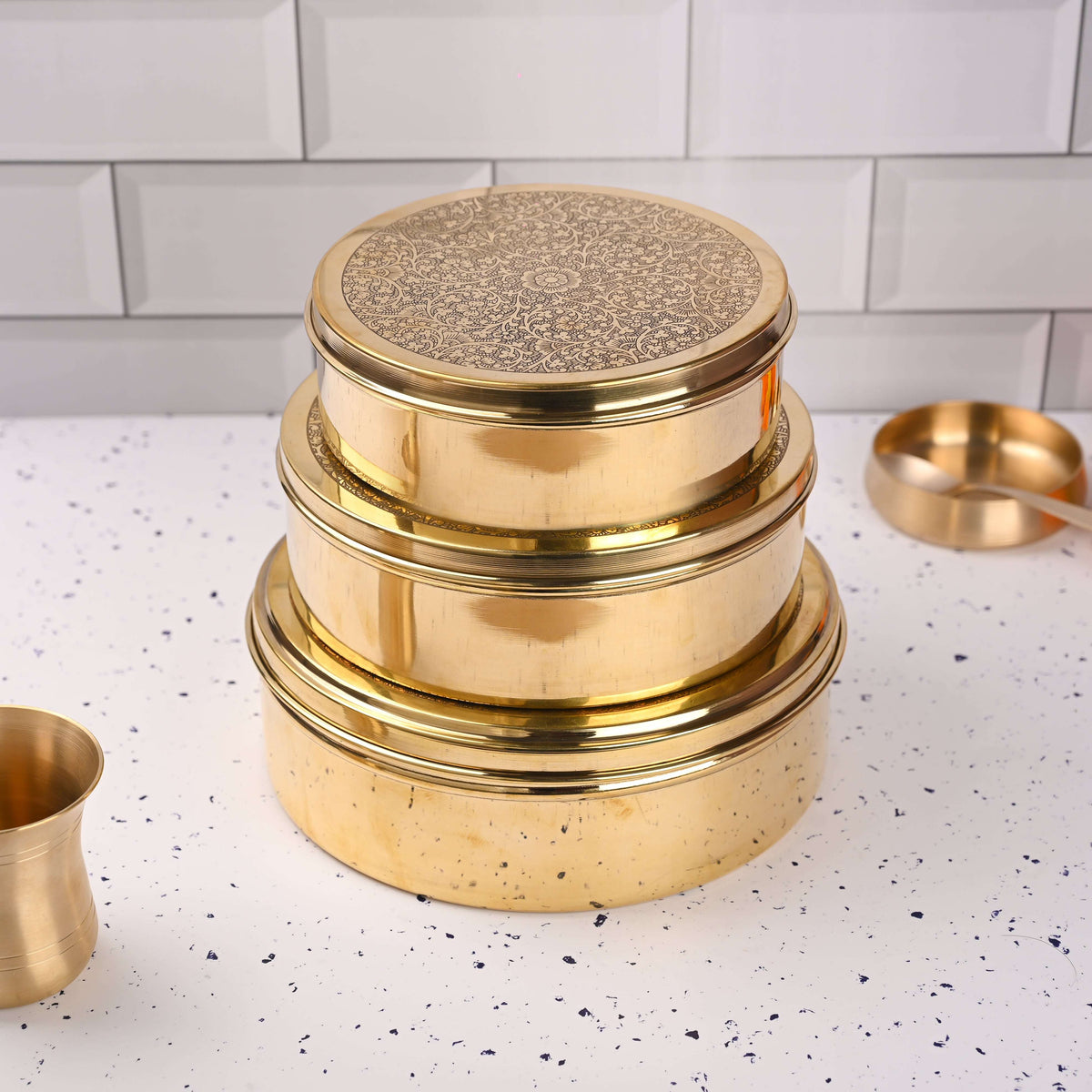 Brass Handcrafted Chapati/Roti Box Set of Three – Traditional Brassware (9.4 Inch) Vedansh Craft