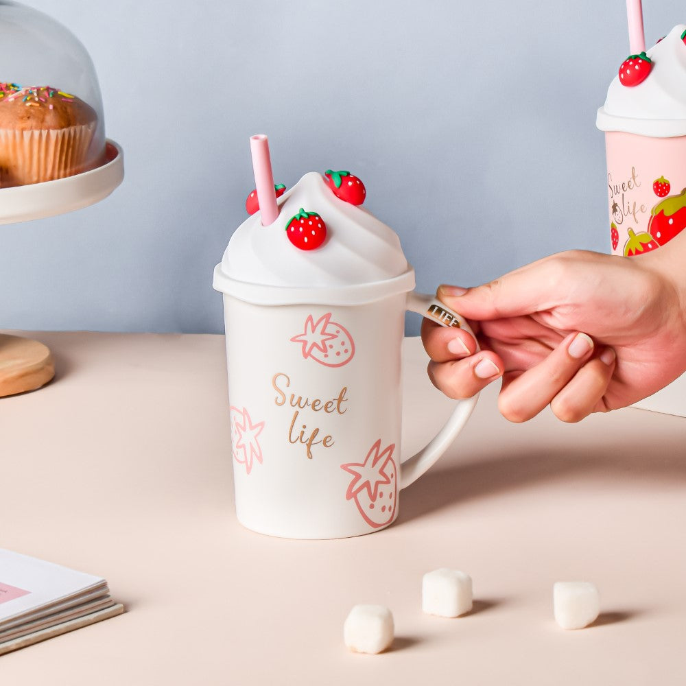 Strawberry Coffee Mug With Lid And Straw 380 ml Nestasia