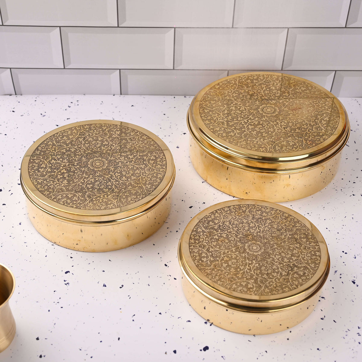 Brass Handcrafted Chapati/Roti Box Set of Three – Traditional Brassware (9.4 Inch) Vedansh Craft