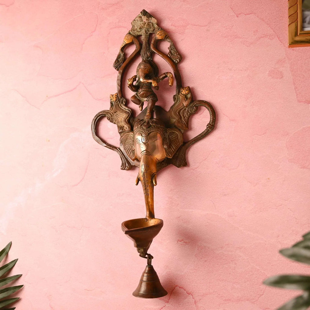 Brass Elephant Ganesha Wall Hanging Diya with Bell (16 Inch) Vedansh Craft