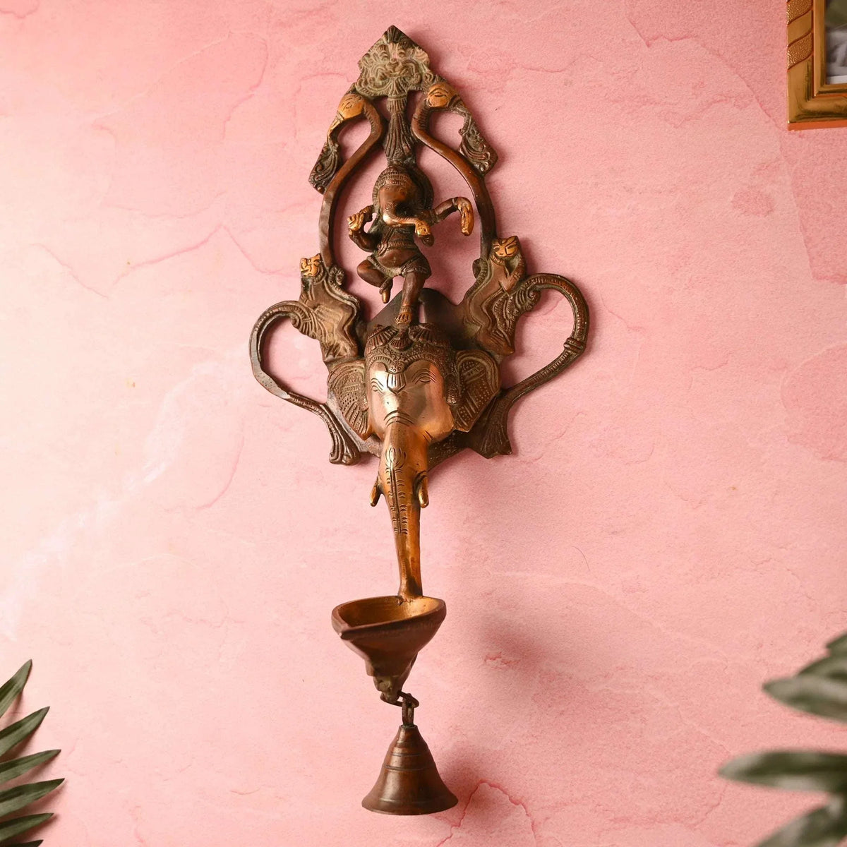 Brass Elephant Ganesha Wall Hanging Diya with Bell (16 Inch) Vedansh Craft