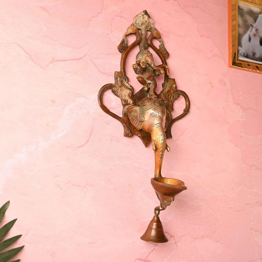 Brass Elephant Ganesha Wall Hanging Diya with Bell (16 Inch) Vedansh Craft