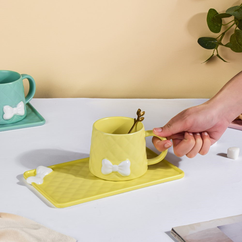 Bow Cup With Rectangular Plate Yellow 260 ml Nestasia