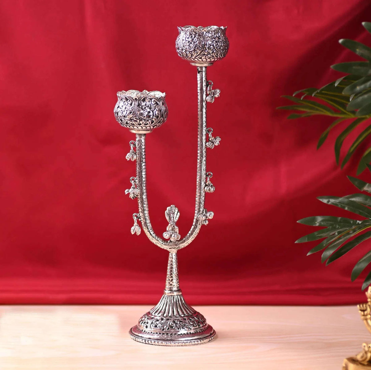 Brass Silver Plated Candle Stand with Ghungroo (13.5 Inch) Vedansh Craft
