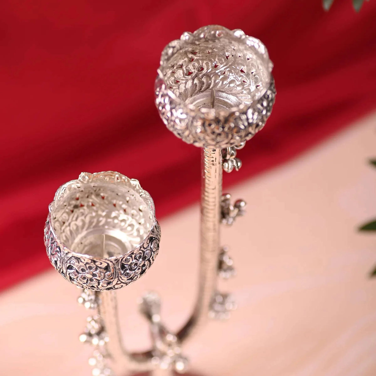Brass Silver Plated Candle Stand with Ghungroo (13.5 Inch) Vedansh Craft