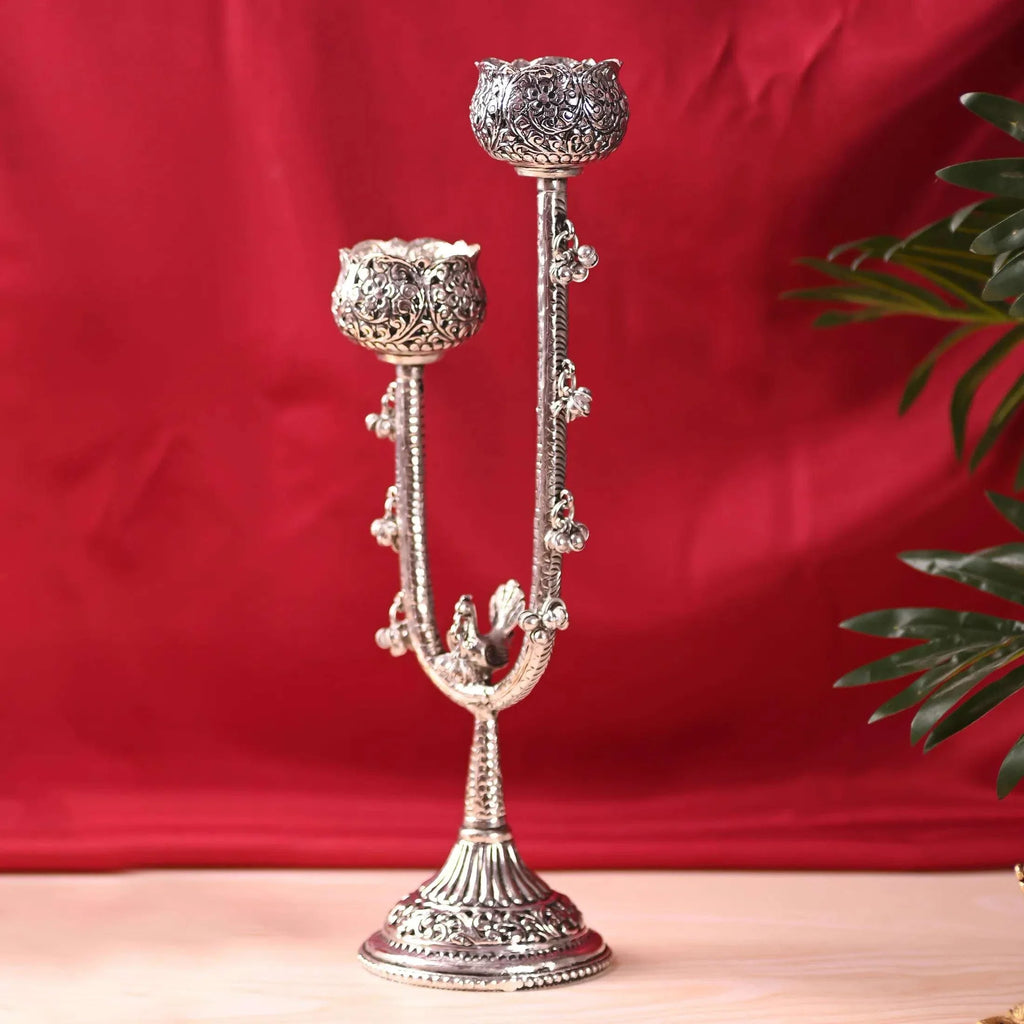 Brass Silver Plated Candle Stand with Ghungroo (13.5 Inch) Vedansh Craft