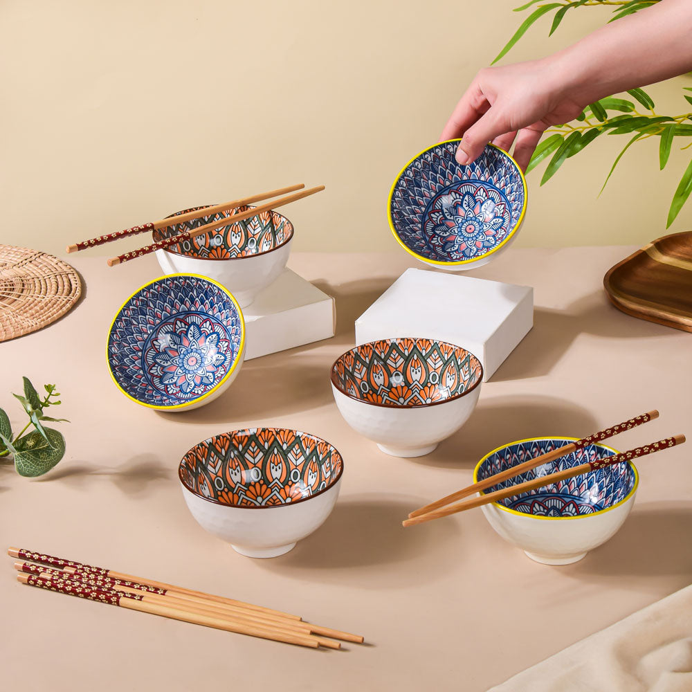 Mandala Snack Bowl & Chopstick Multicolour Set Of 6 Nestasia
