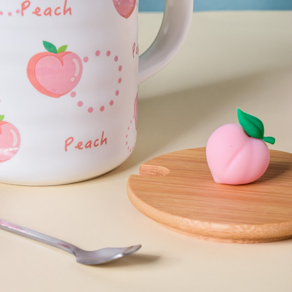 Morning Tea Mug Peach Patterned With Lid And Spoon 350 ml Nestasia