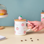 Morning Tea Mug Peach Patterned With Lid And Spoon 350 ml Nestasia