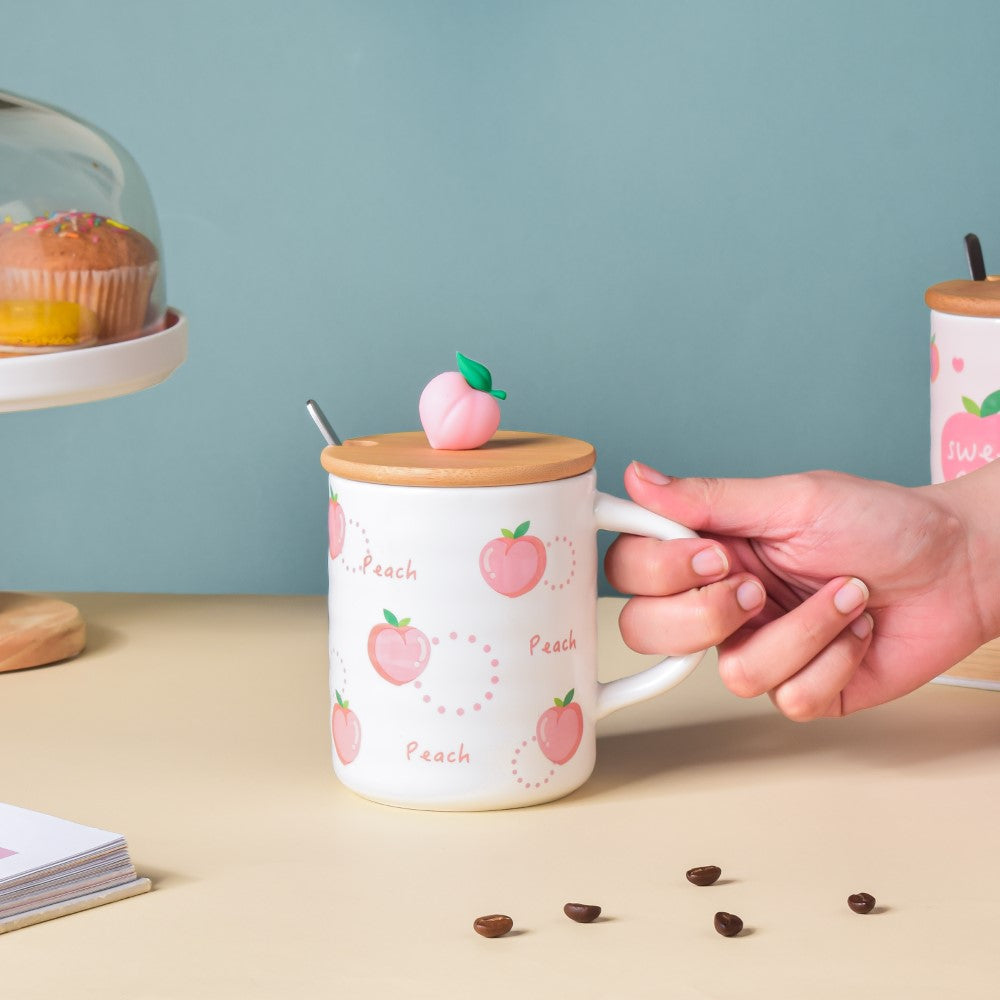 Morning Tea Mug Peach Patterned With Lid And Spoon 350 ml Nestasia