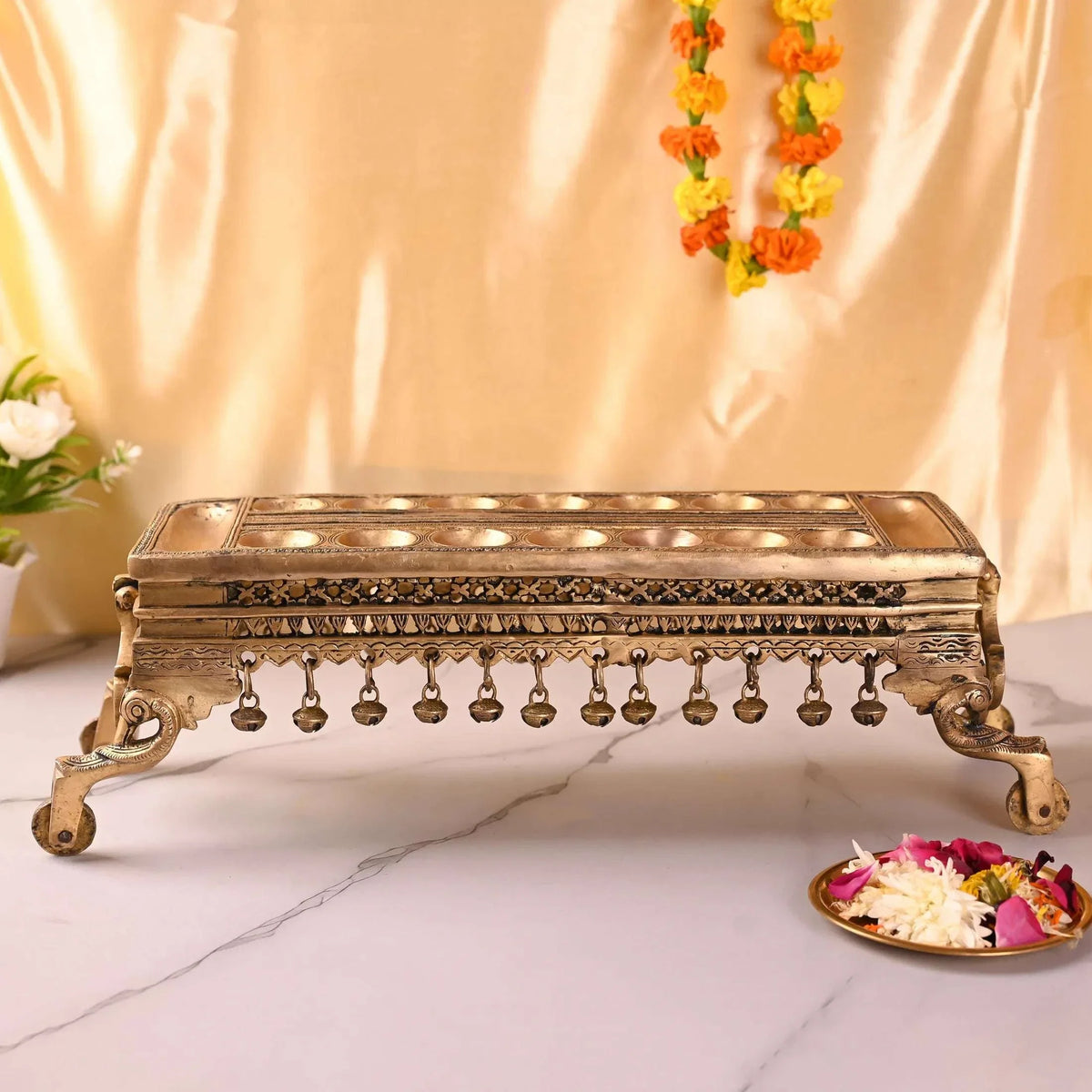 Brass Pallanguzhi Game Board with Wheels (18 Inch) Vedansh Craft