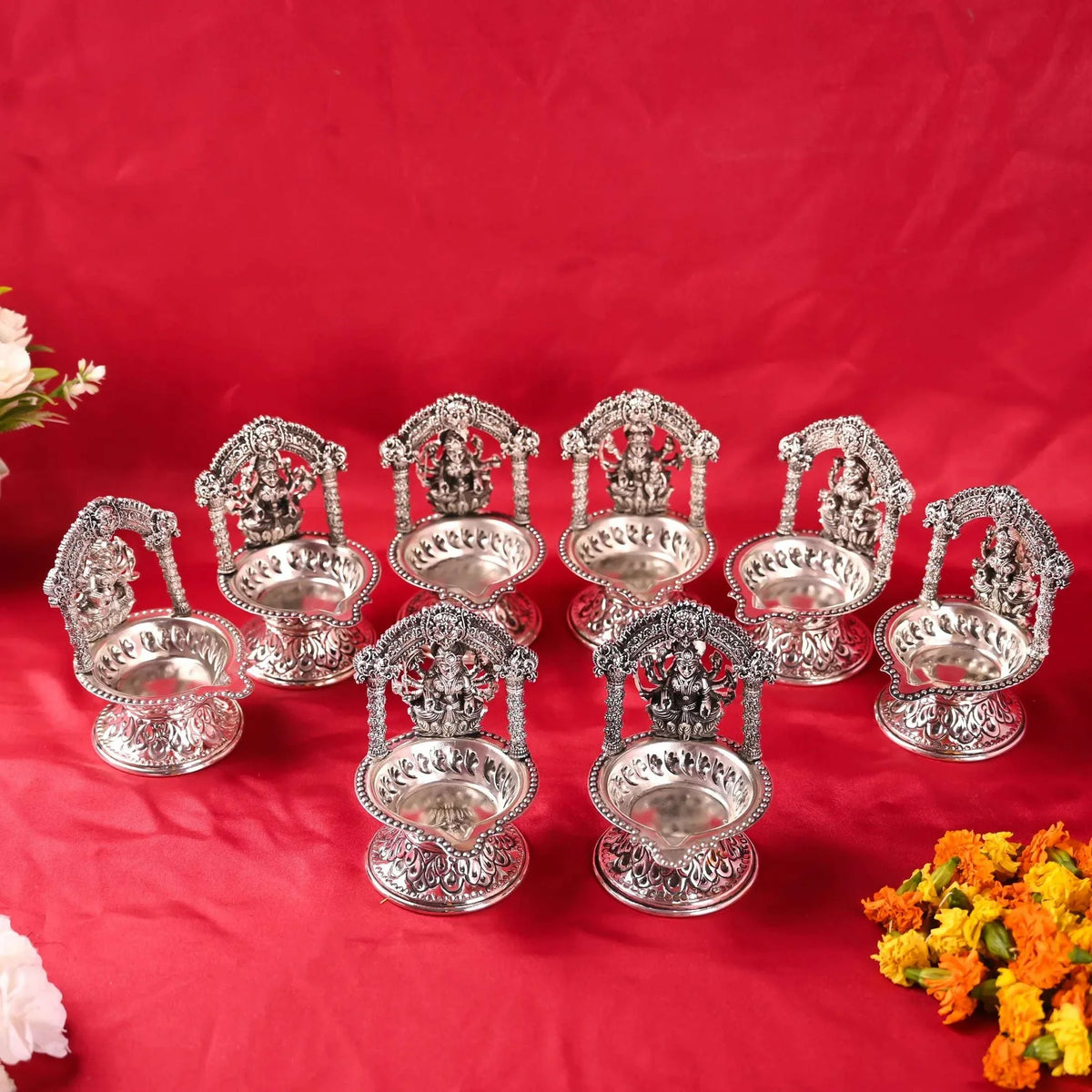 Brass Silver Plated Ashtalakshmi Diya set (5.7 Inch) Vedansh Craft