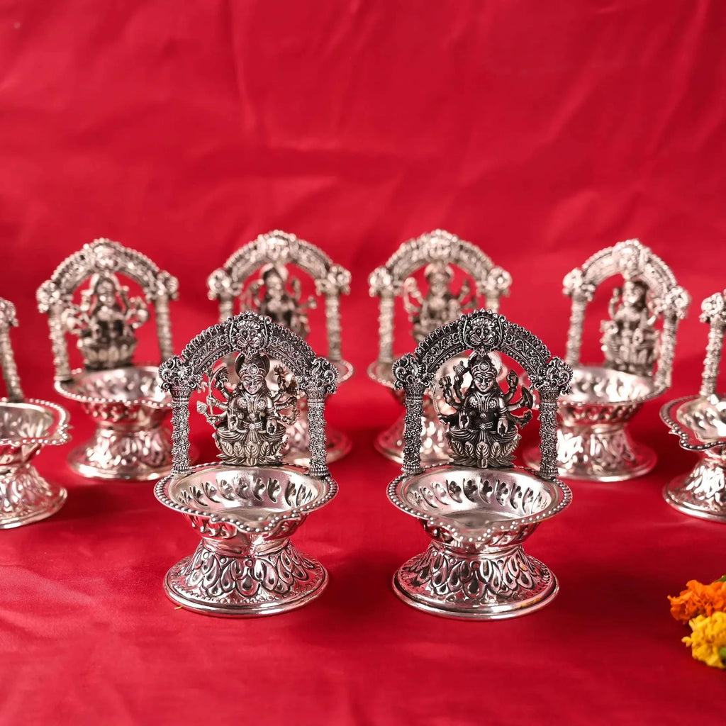 Brass Silver Plated Ashtalakshmi Diya set (5.7 Inch) Vedansh Craft