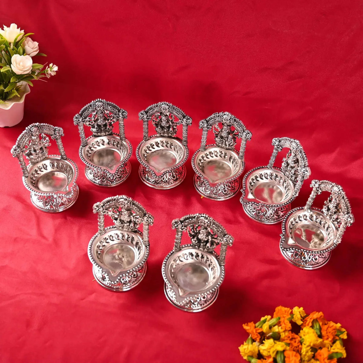 Brass Silver Plated Ashtalakshmi Diya set (5.7 Inch) Vedansh Craft