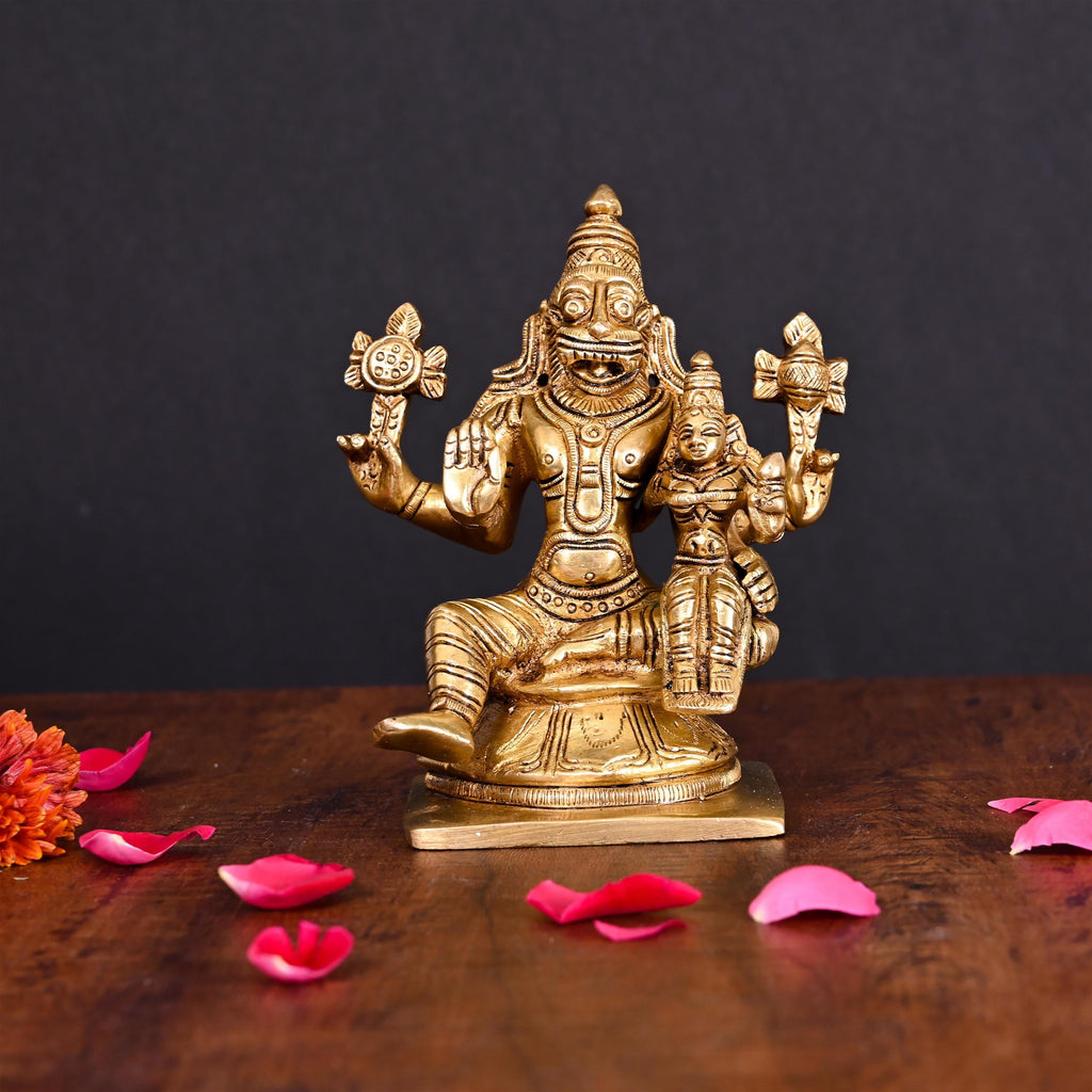 Brass Sitting Lakshmi Narasimha Superfine Idol (5.2 Inch) Vedansh Craft