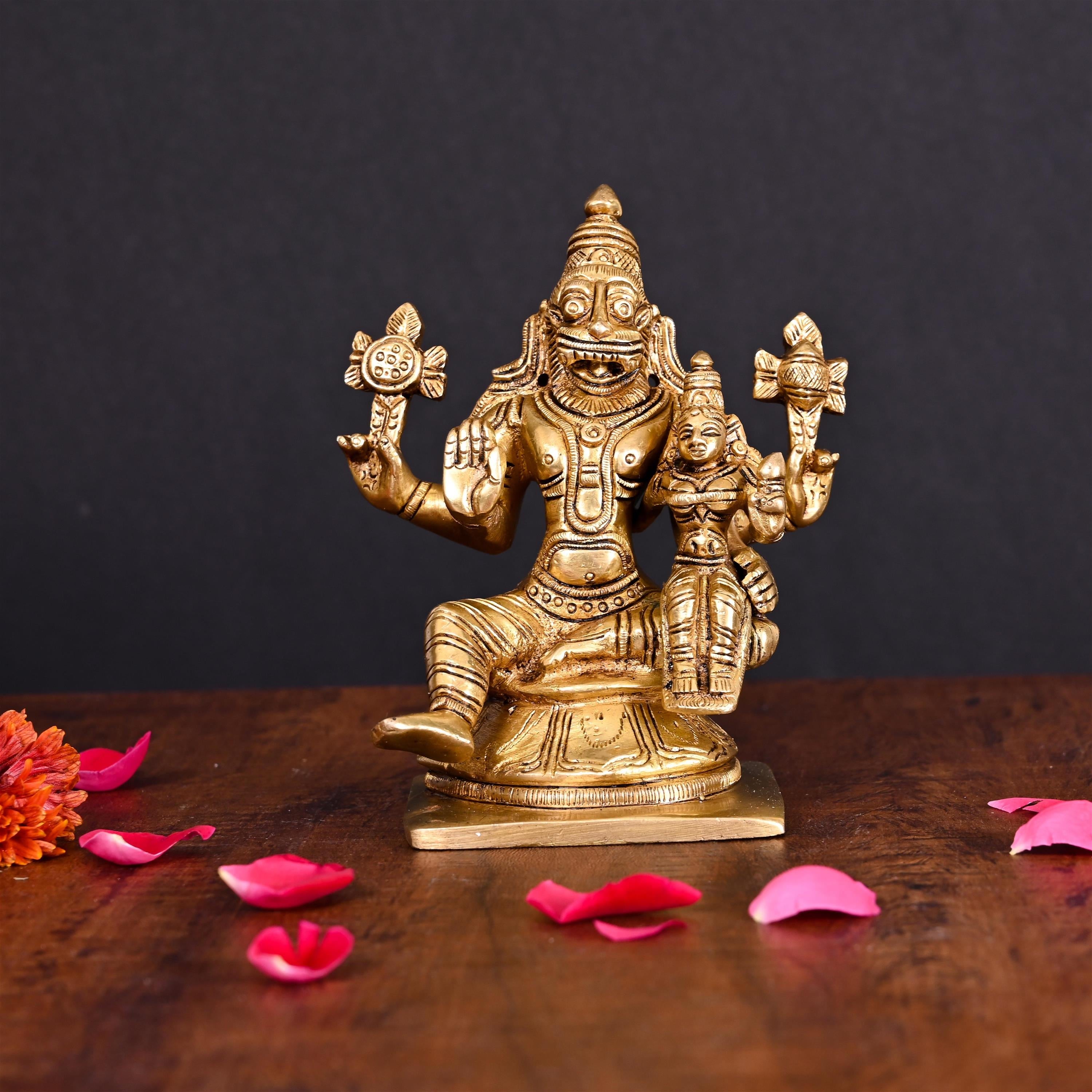 Brass Sitting Lakshmi Narasimha Superfine Idol (5.2 Inch) Vedansh Craft