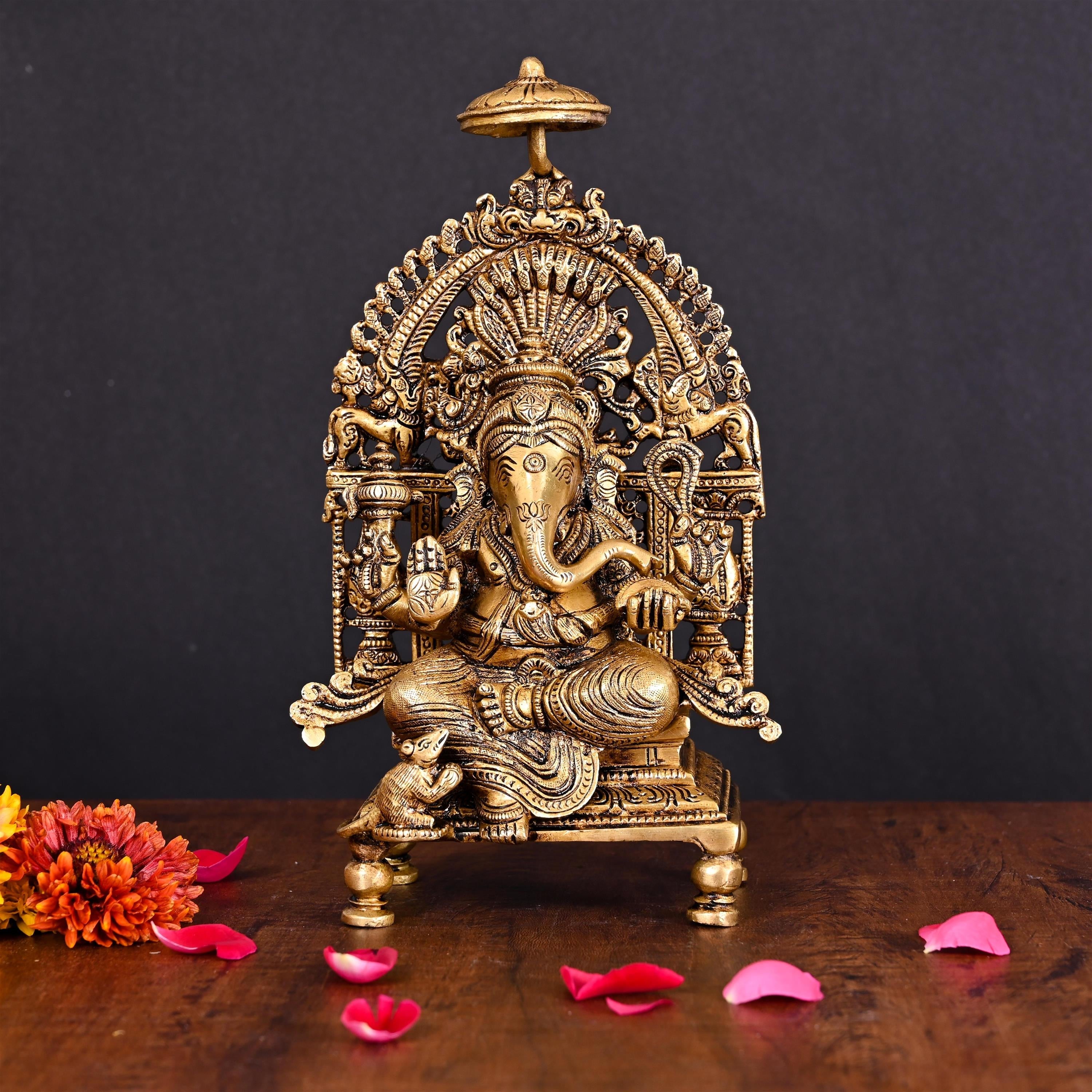 Brass Superfine Sitting Ganesha On Singhasan Idol (9.2 Inch) Vedansh Craft