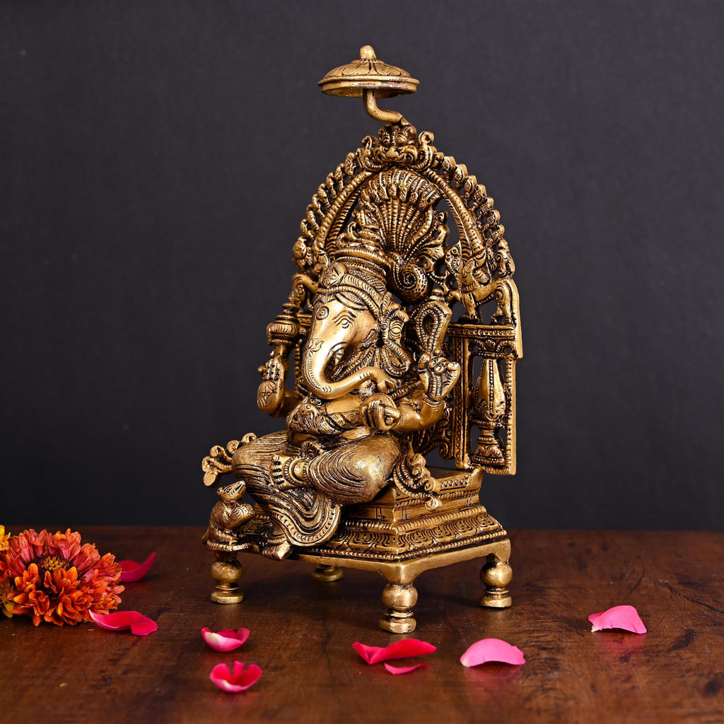 Brass Superfine Sitting Ganesha On Singhasan Idol (9.2 Inch) Vedansh Craft