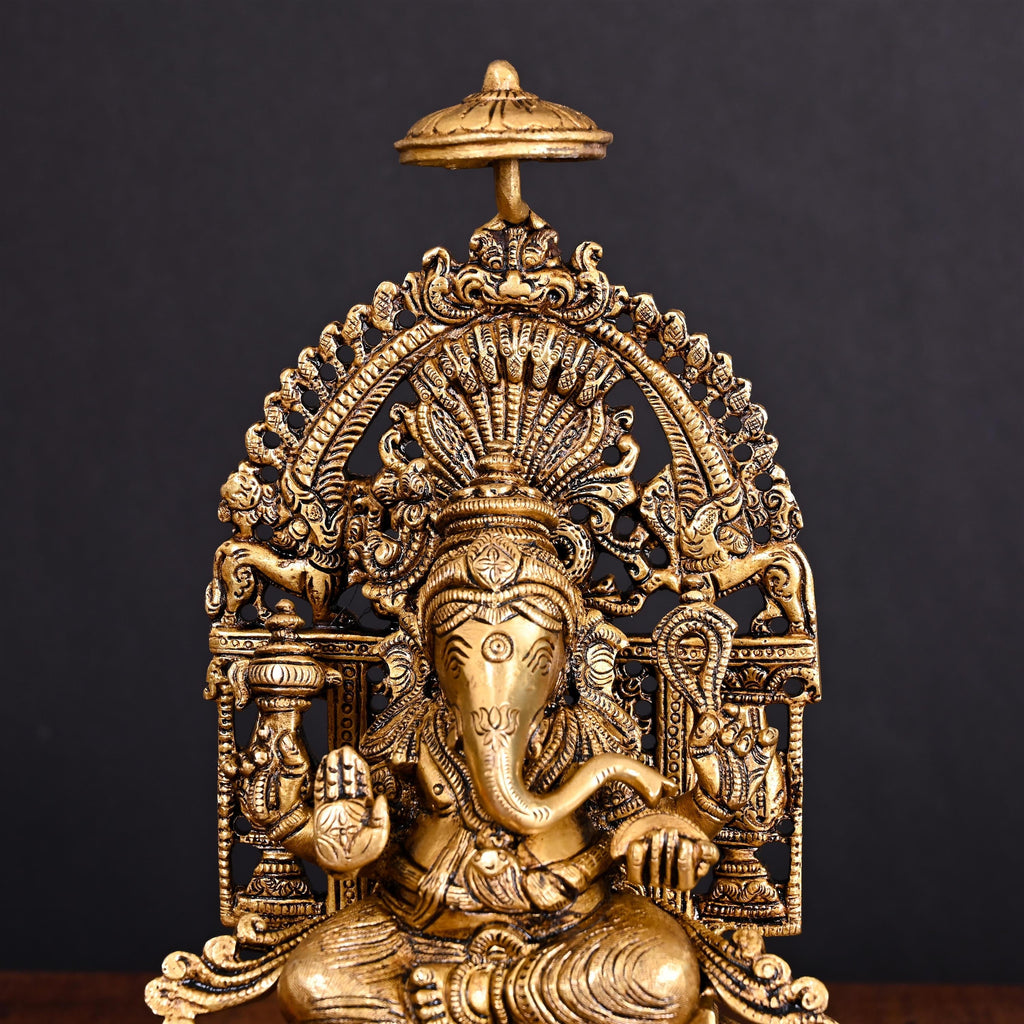 Brass Superfine Sitting Ganesha On Singhasan Idol (9.2 Inch) Vedansh Craft