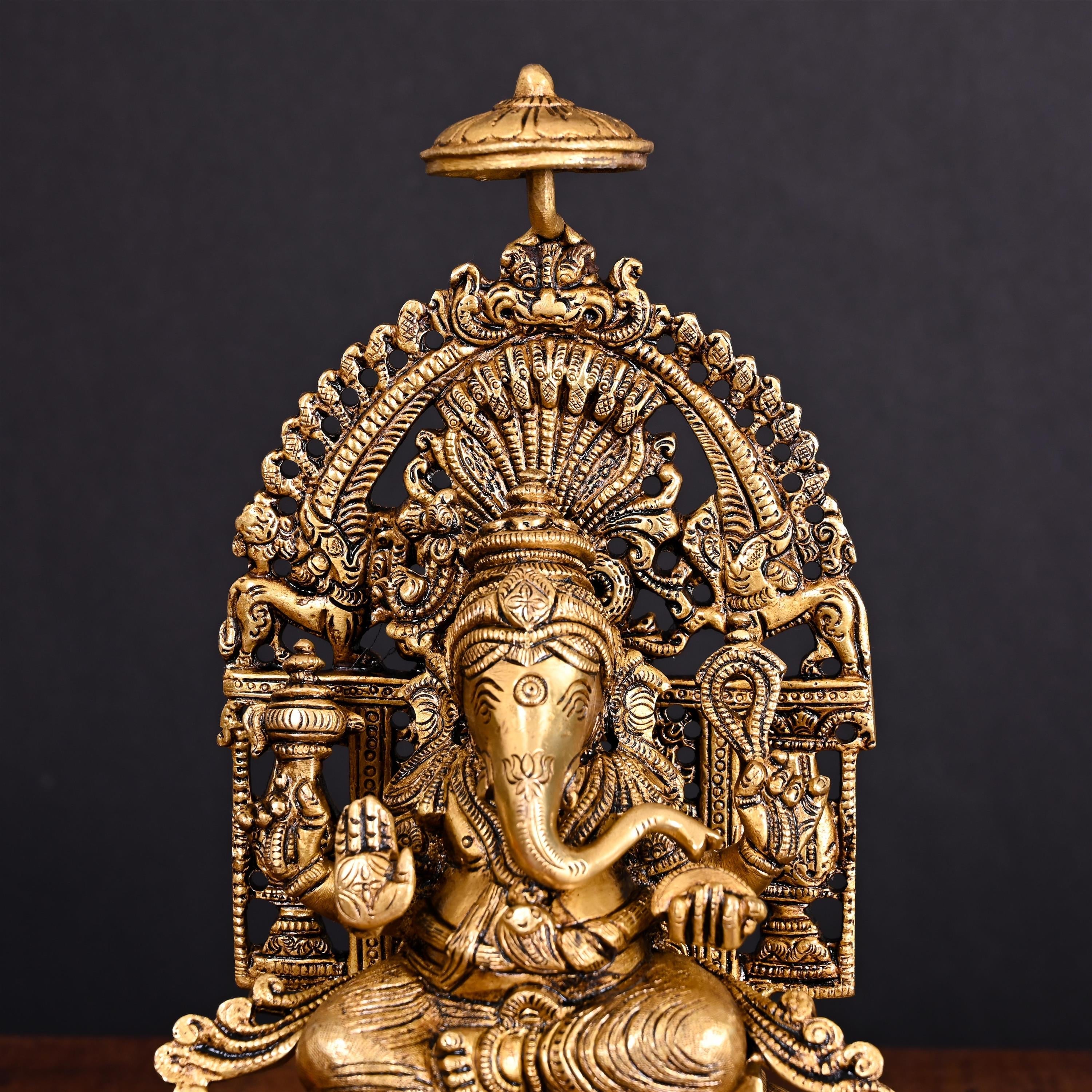 Brass Superfine Sitting Ganesha On Singhasan Idol (9.2 Inch) Vedansh Craft