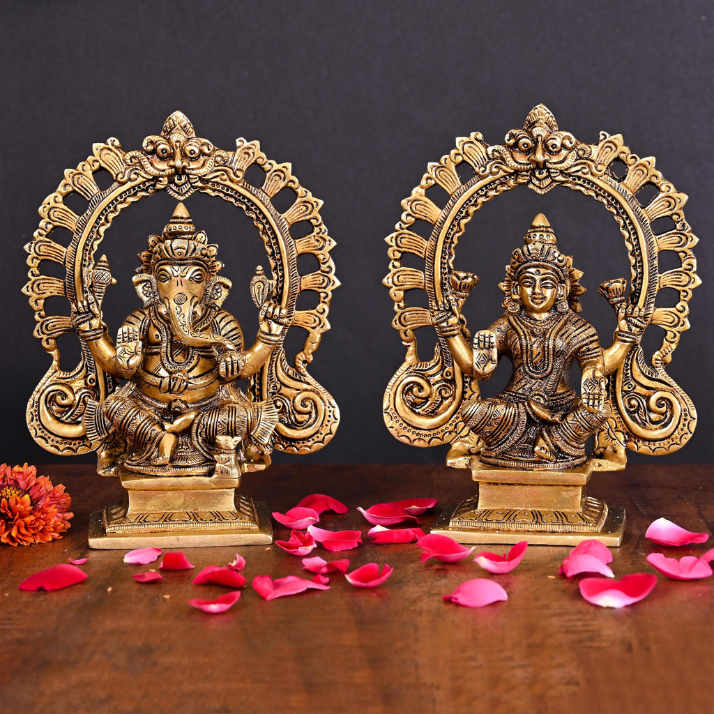 Brass Superfine Sitting Ganesha And Lakshmi On Throne Idol (8 Inch) Vedansh Craft