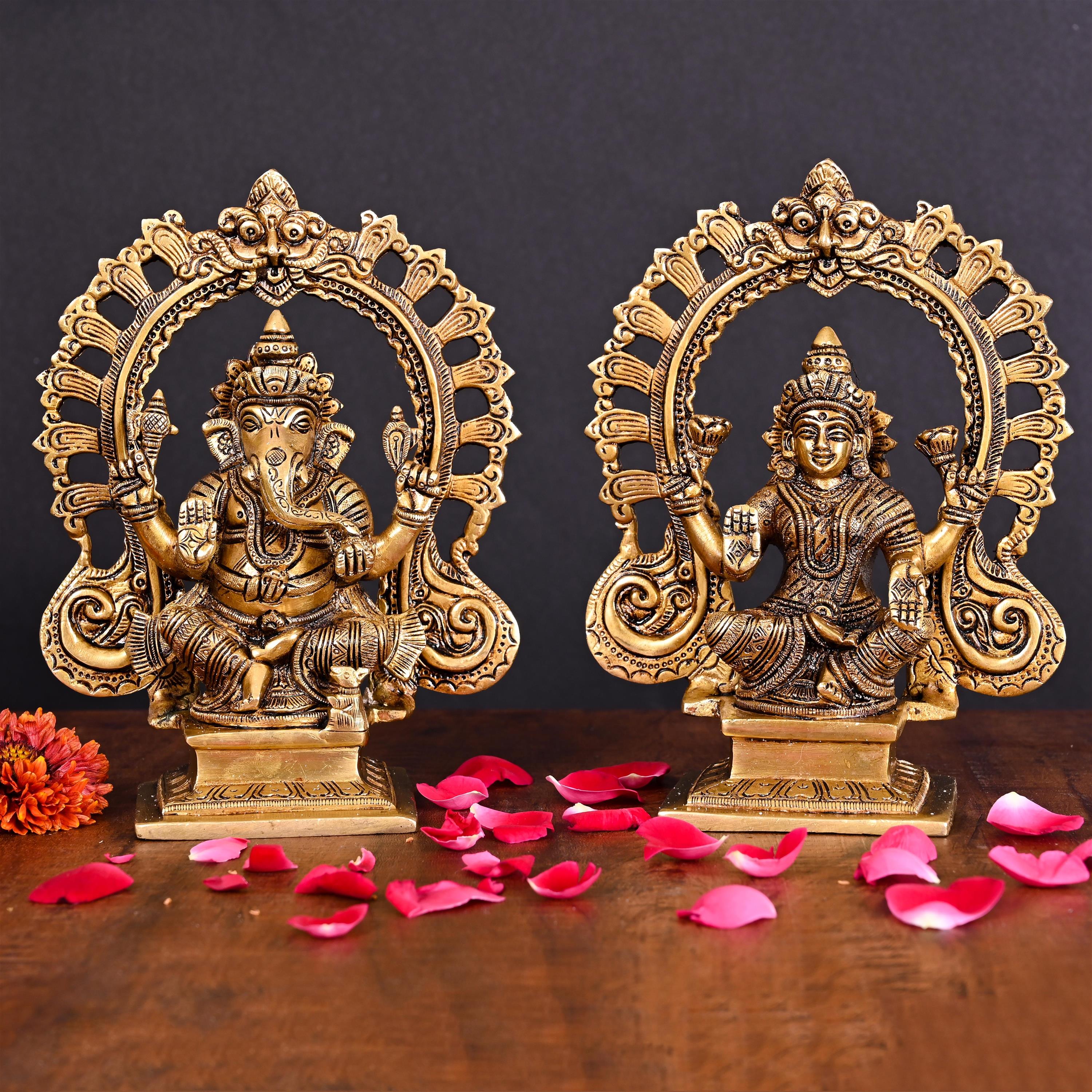 Brass Superfine Sitting Ganesha And Lakshmi On Throne Idol (8 Inch) Vedansh Craft