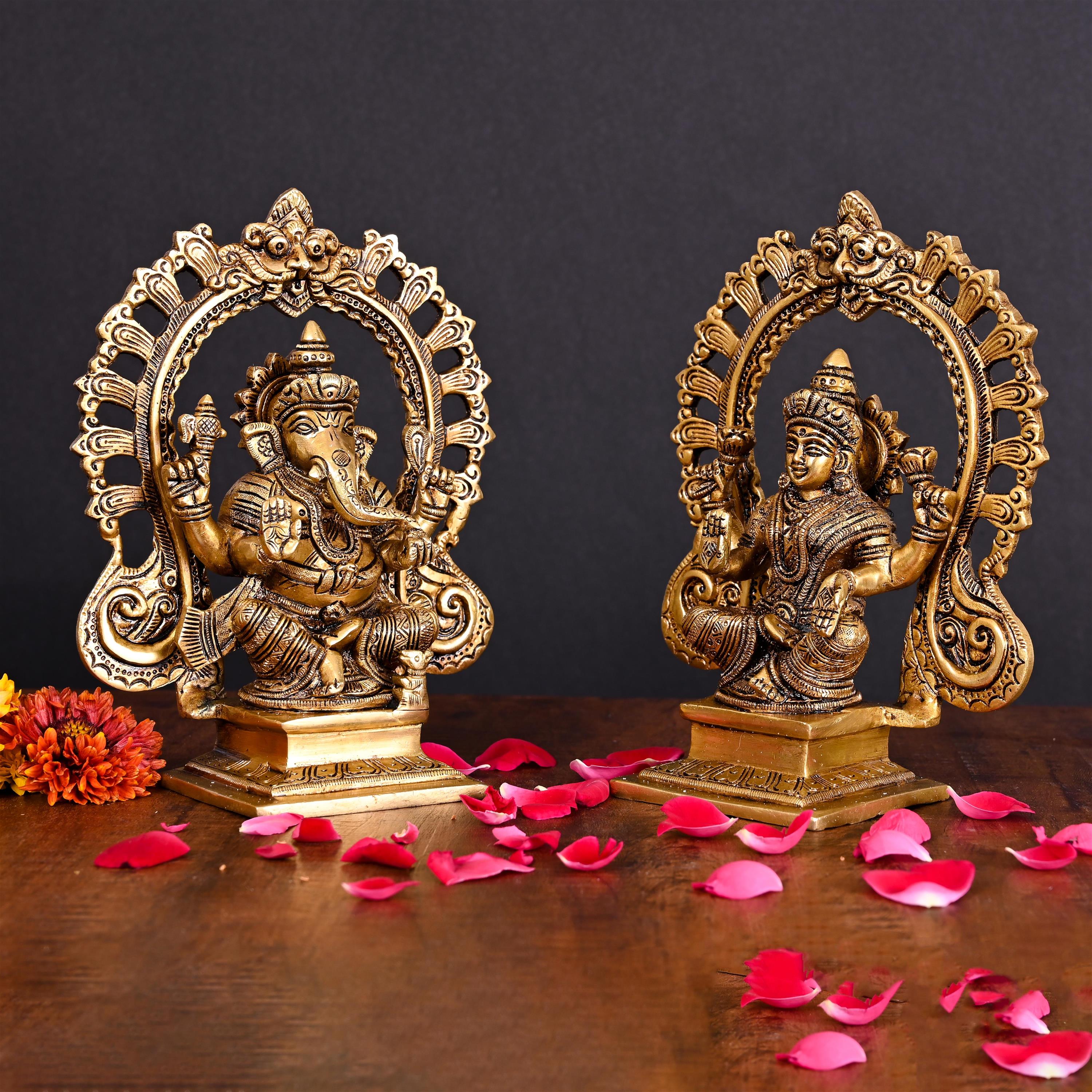 Brass Superfine Sitting Ganesha And Lakshmi On Throne Idol (8 Inch) Vedansh Craft