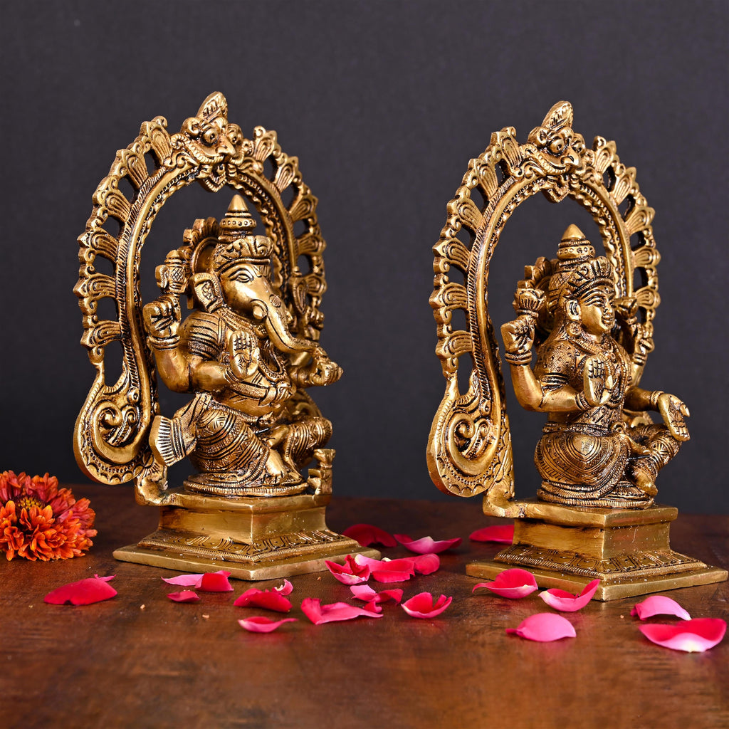 Brass Superfine Sitting Ganesha And Lakshmi On Throne Idol (8 Inch) Vedansh Craft