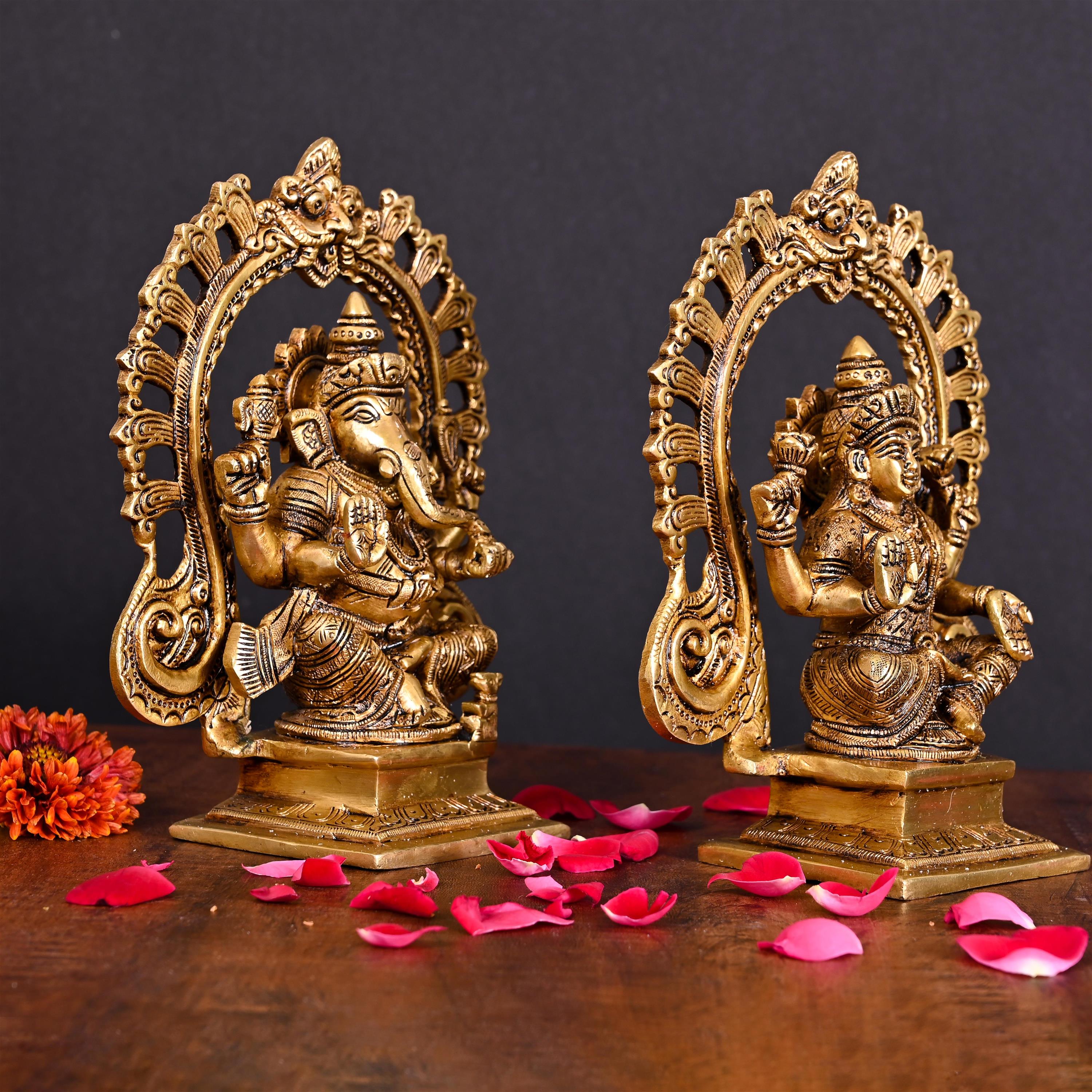 Brass Superfine Sitting Ganesha And Lakshmi On Throne Idol (8 Inch) Vedansh Craft